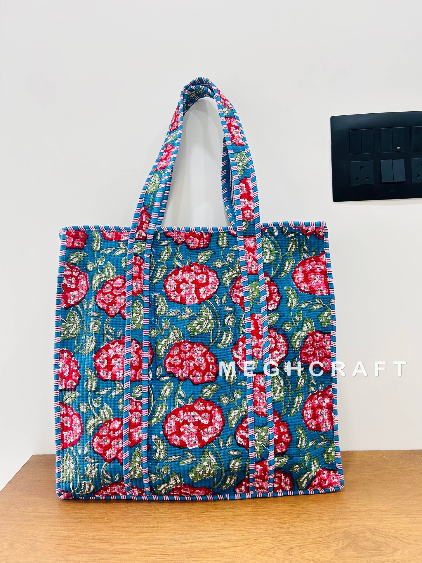 Cotton Quilted Tote Bag- Blue and Bright Pink