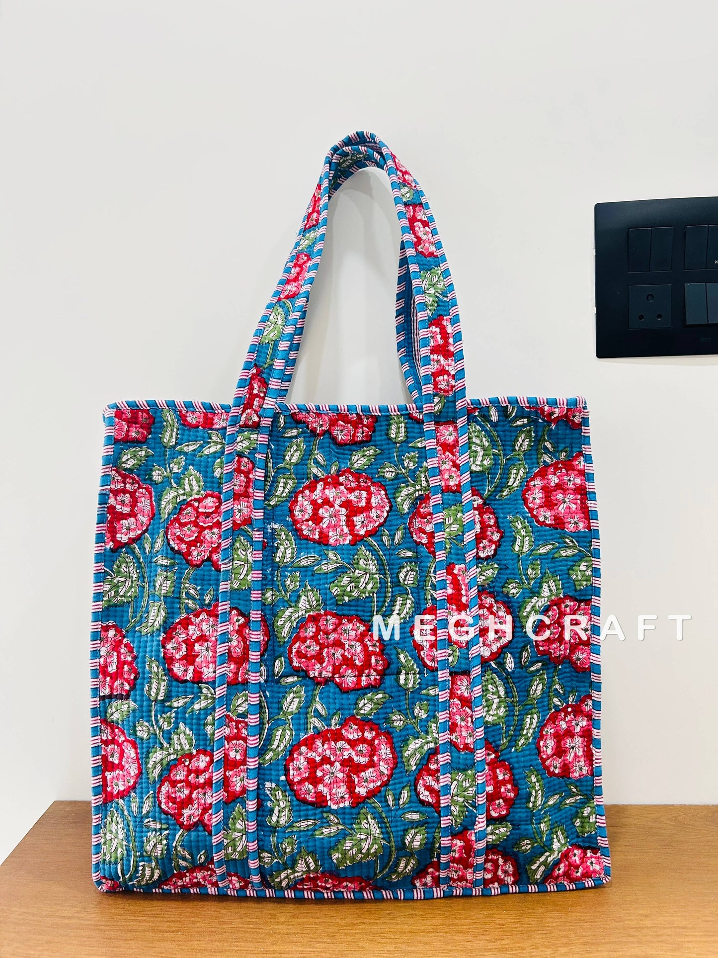 Cotton Quilted Tote Bag- Blue and Bright Pink