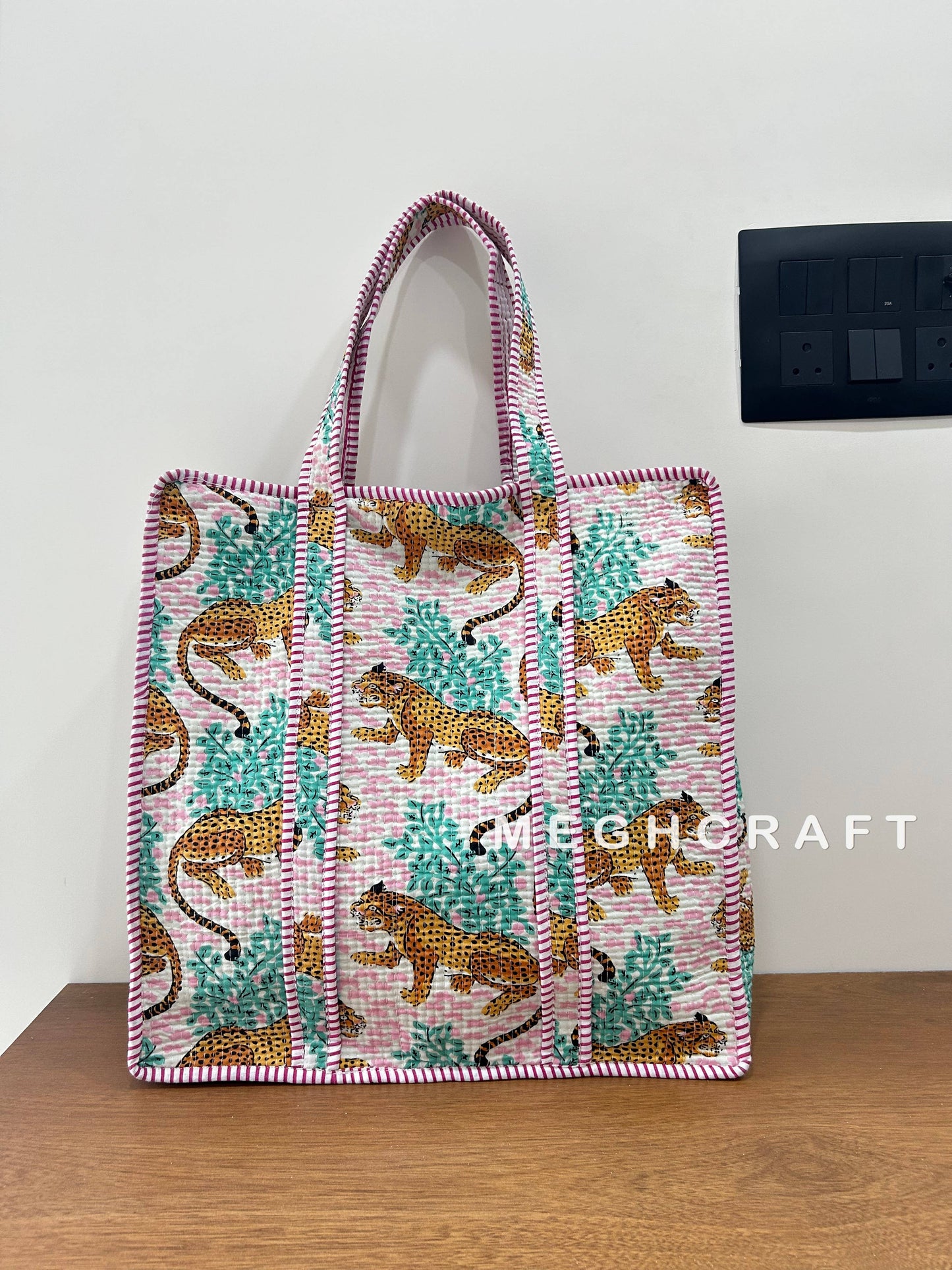 Cotton Quilted Tote Bag- Pink Animal