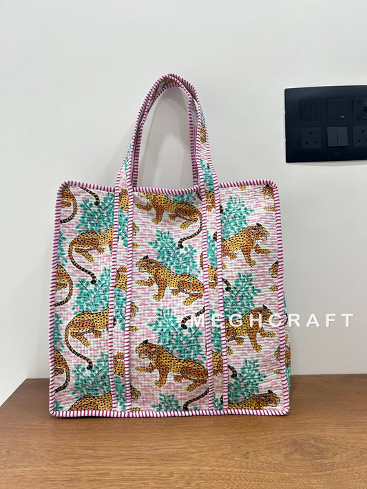 Cotton Quilted Tote Bag- Pink Animal