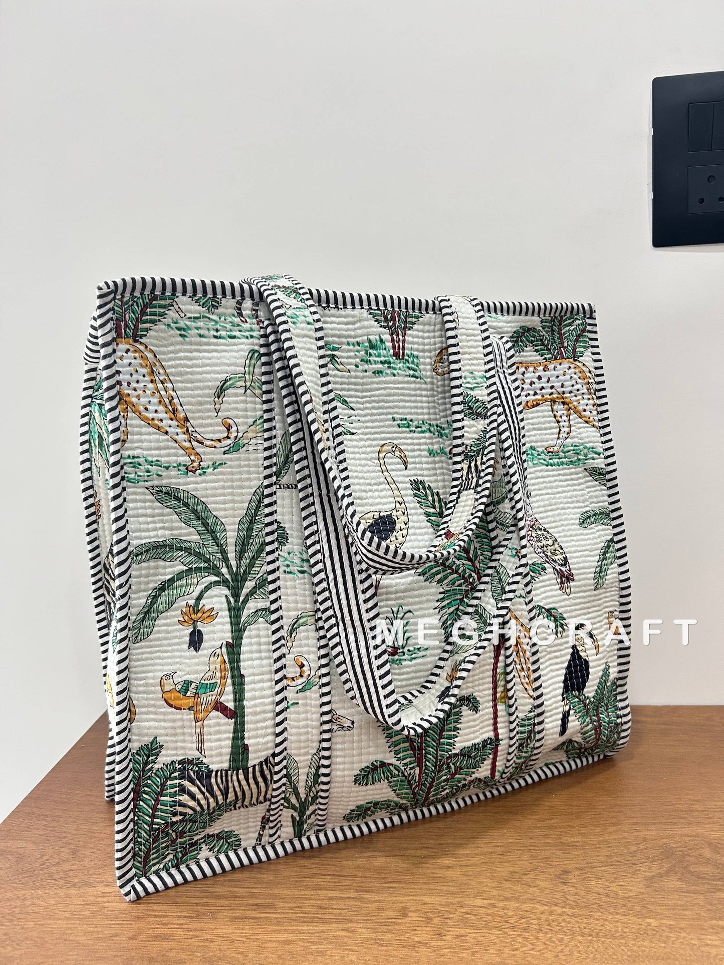 Cotton Quilted Tote Bag- White Animal