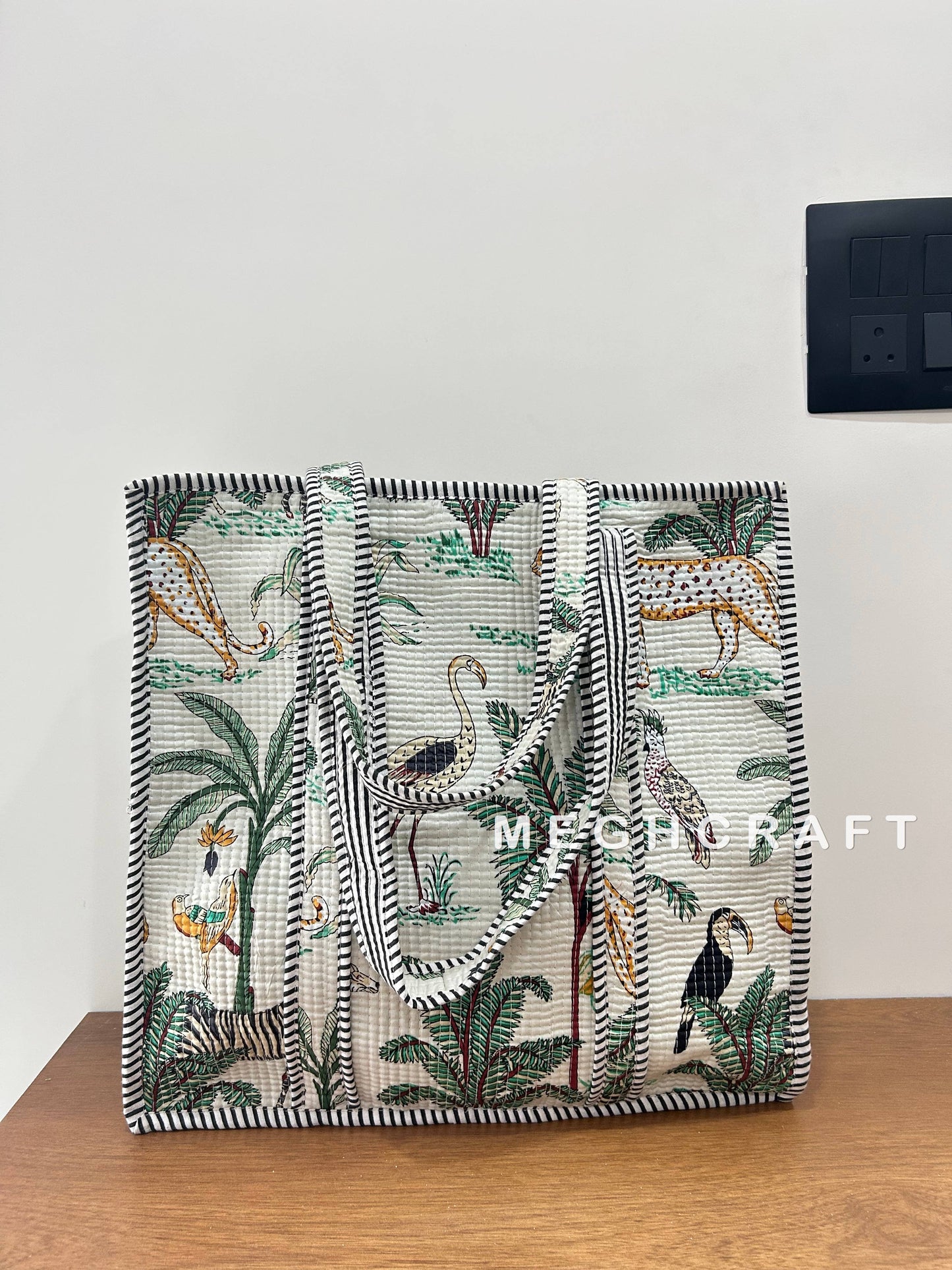 Cotton Quilted Tote Bag- White Animal