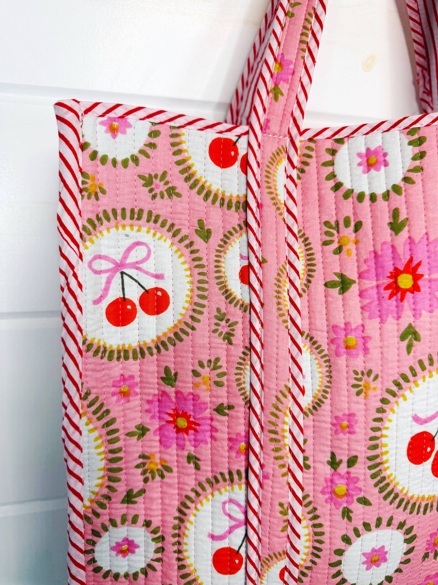 Large Tote Bag  Pink Cherries & Bows