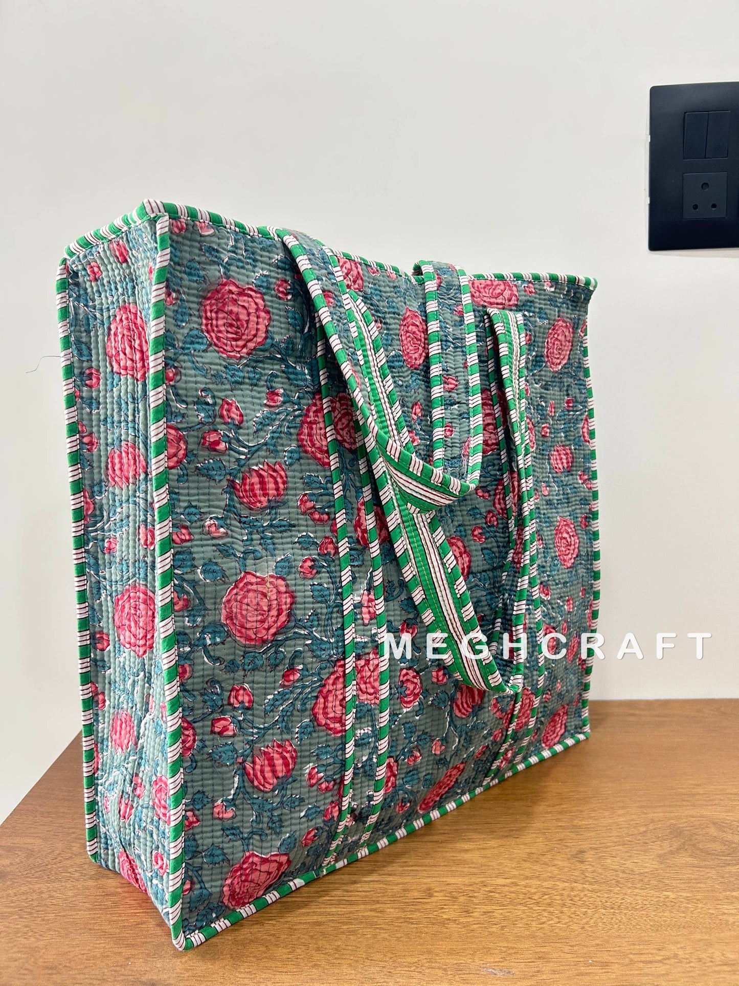 Cotton Quilted Tote- Blue/Pink Floral