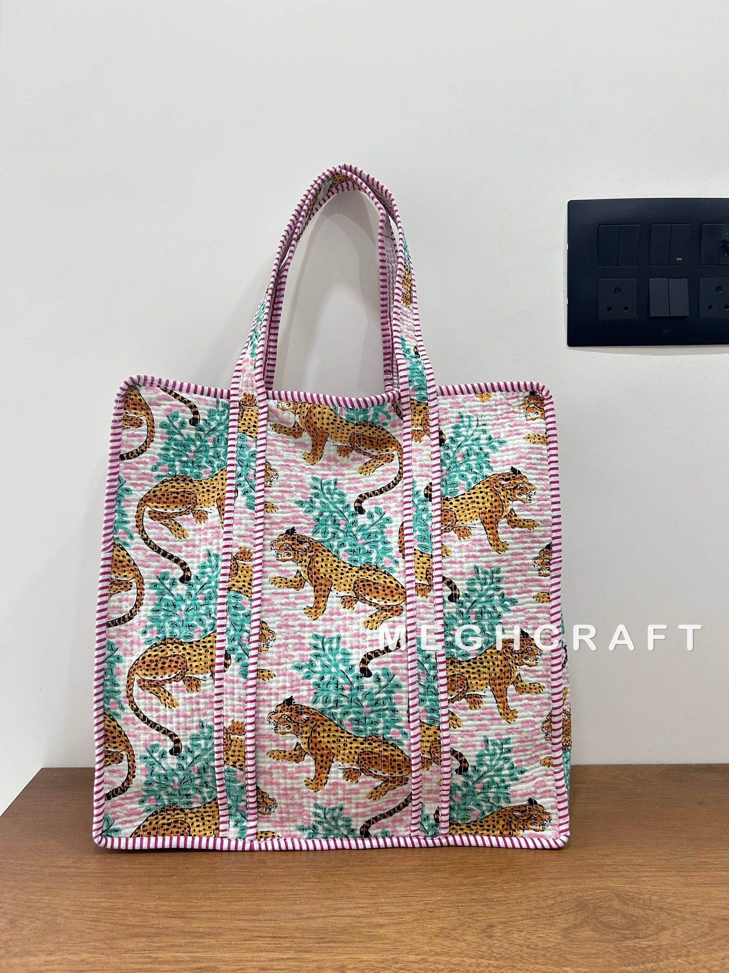 Cotton Quilted Tote Bag- Pink Animal