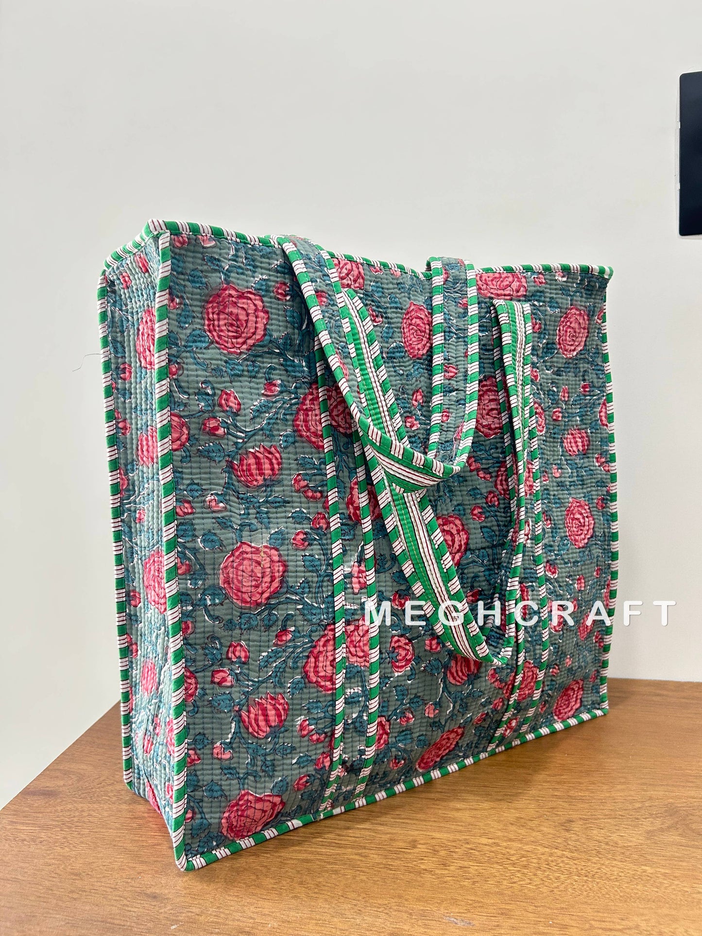 Cotton Quilted Tote- Blue/Pink Floral