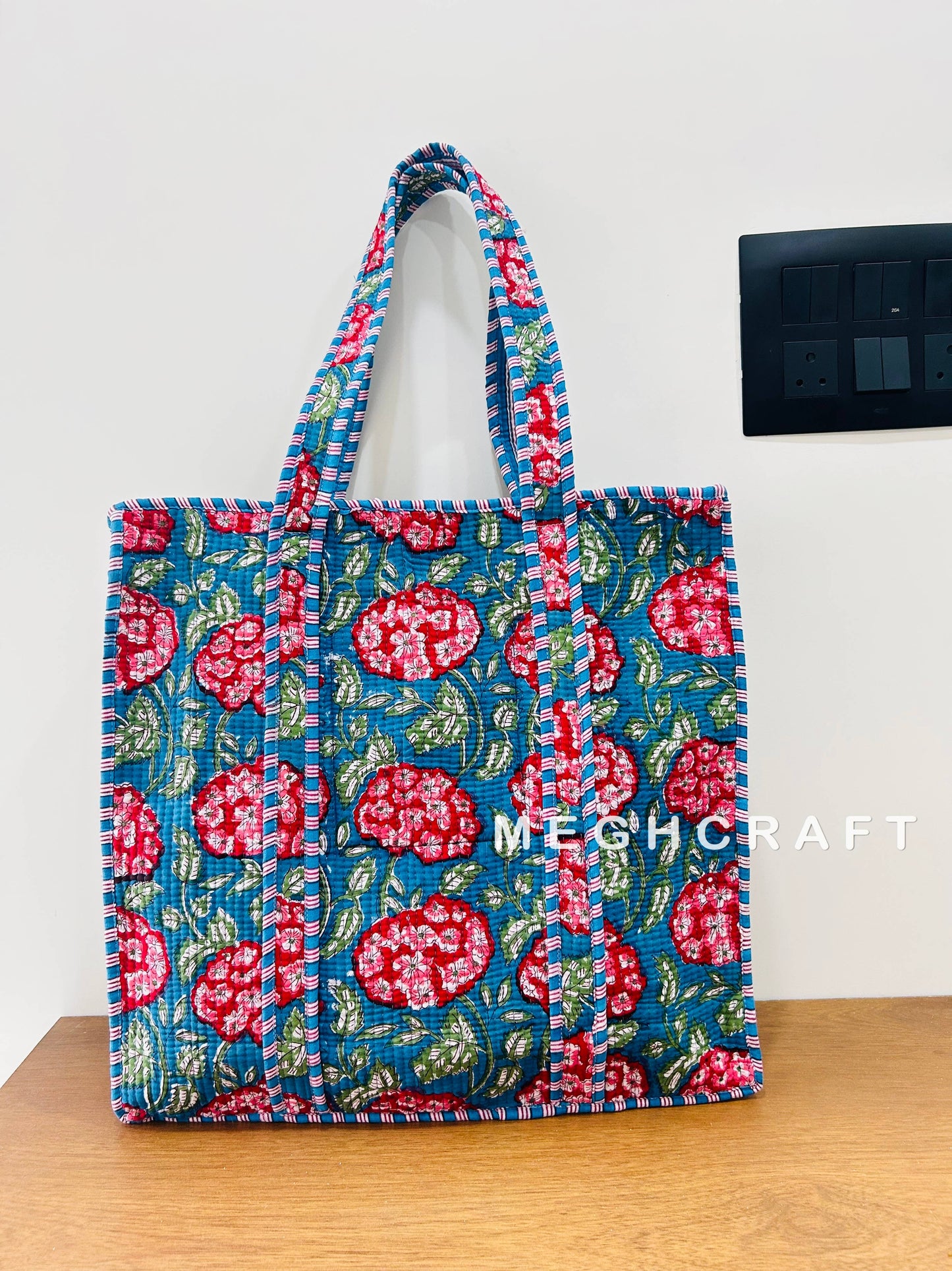 Cotton Quilted Tote Bag- Blue and Bright Pink