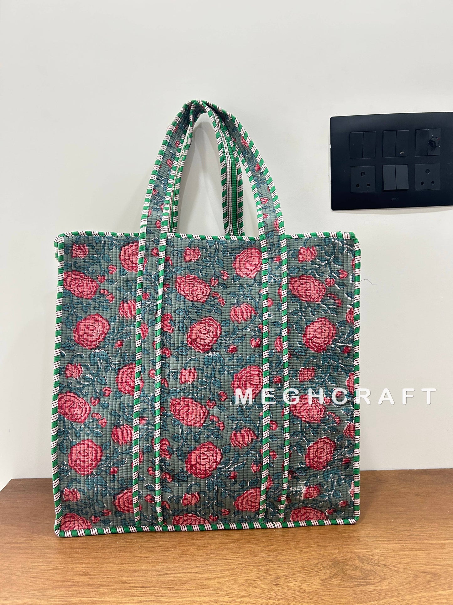 Cotton Quilted Tote- Blue/Pink Floral
