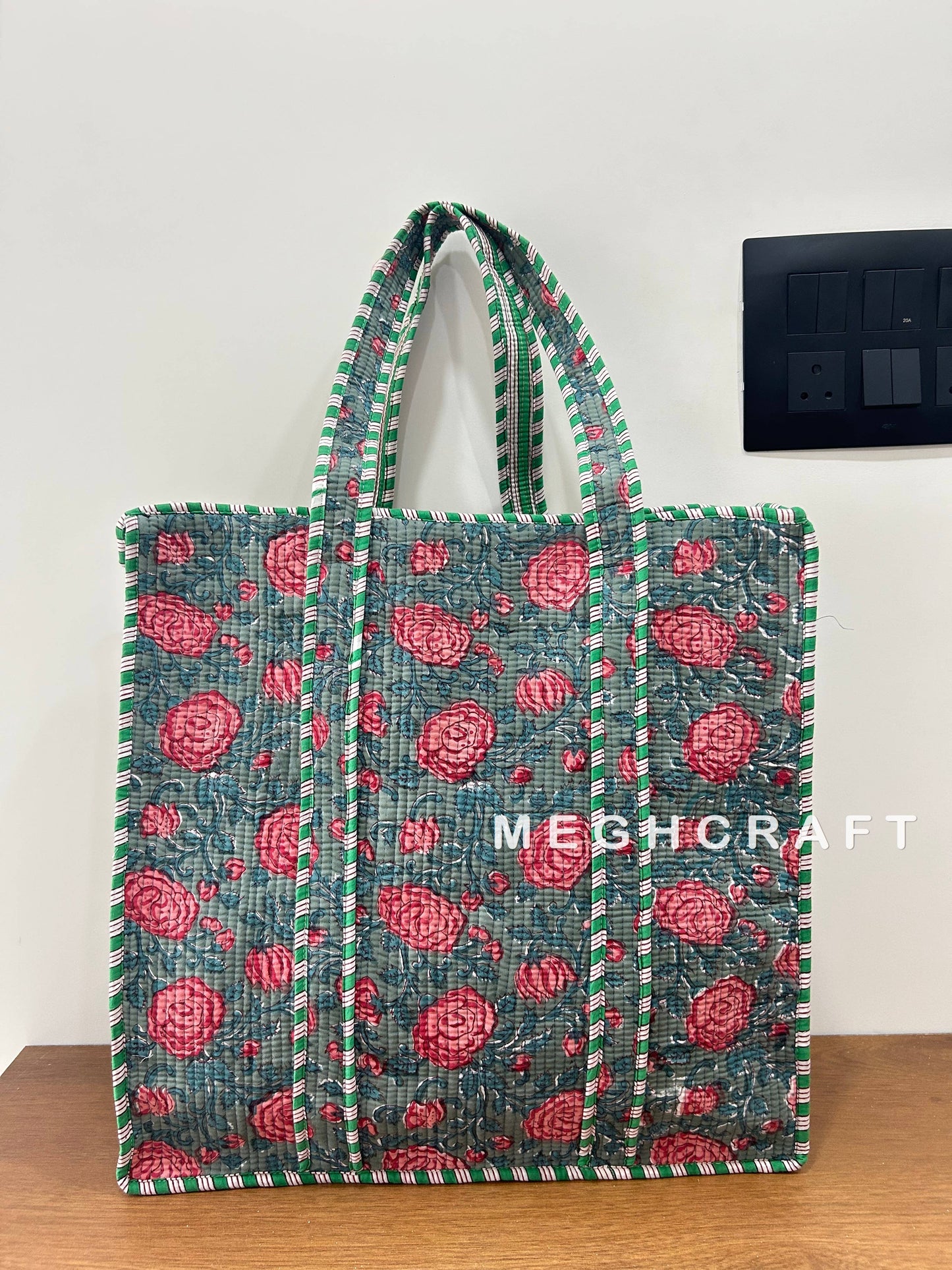 Cotton Quilted Tote- Blue/Pink Floral