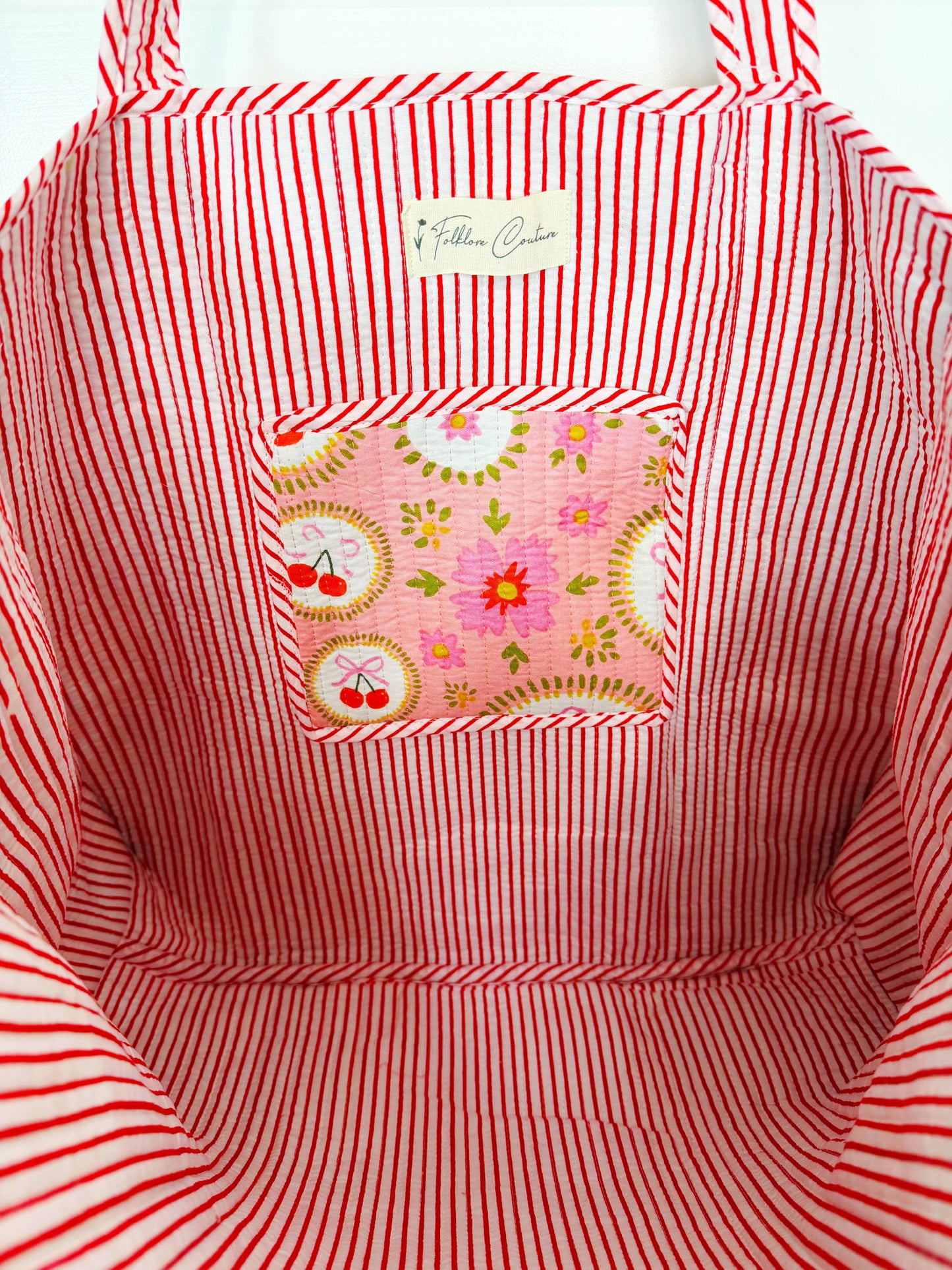 Large Tote Bag  Pink Cherries & Bows