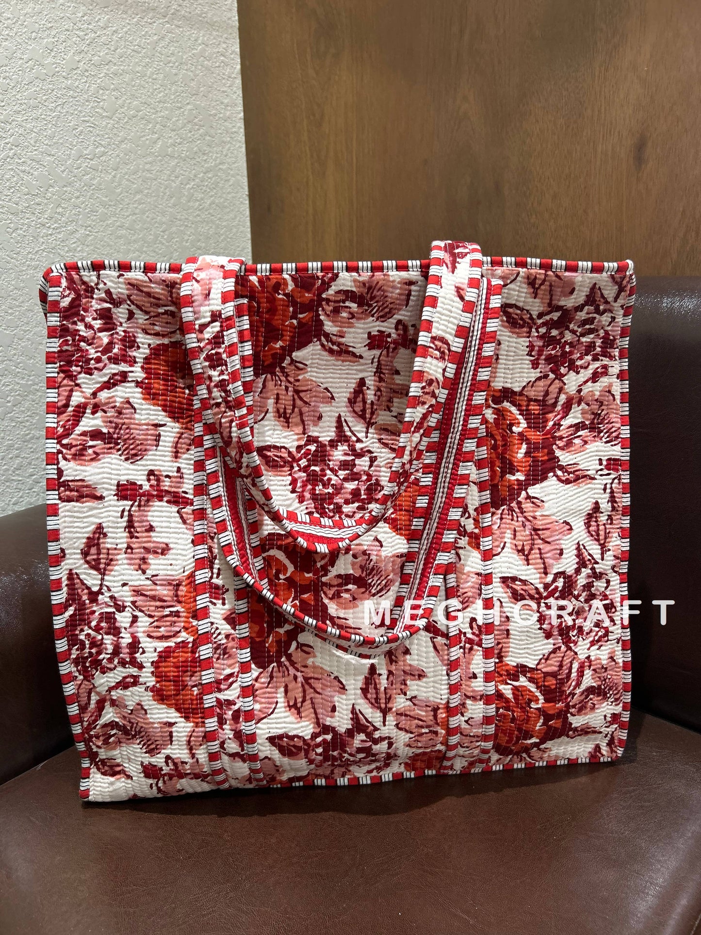 Cotton Quilted Tote bag- Red