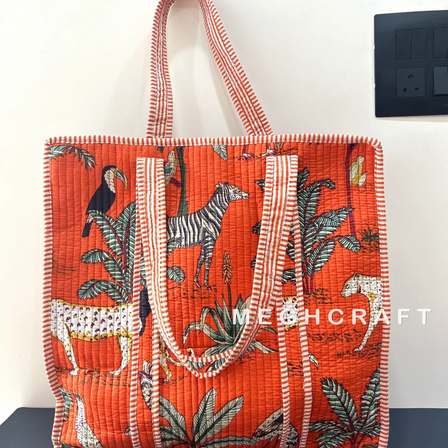 Cotton Printed Tote- Orange Animal