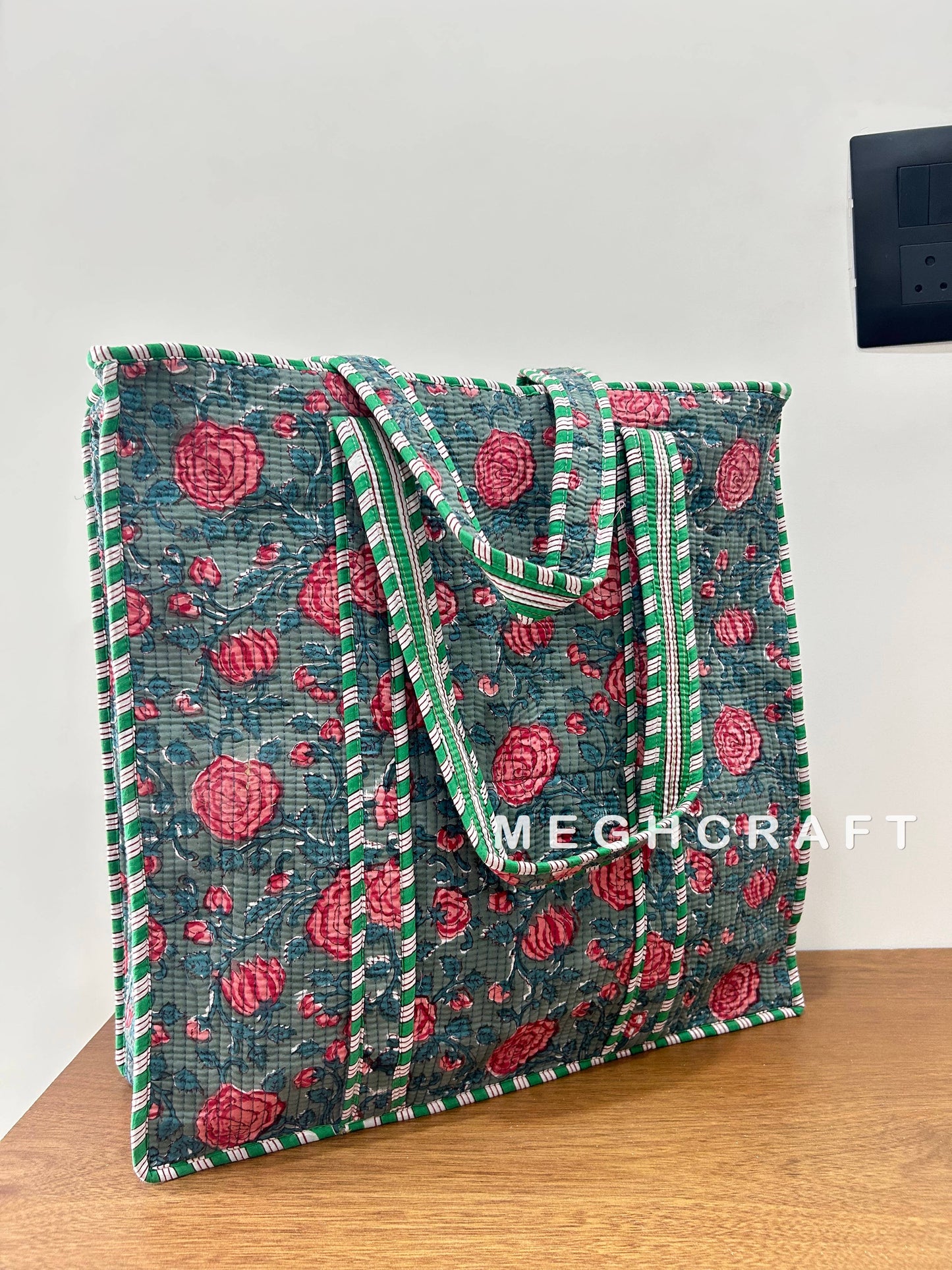 Cotton Quilted Tote- Blue/Pink Floral