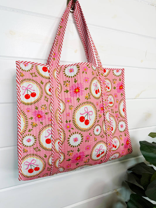 Large Tote Bag  Pink Cherries & Bows
