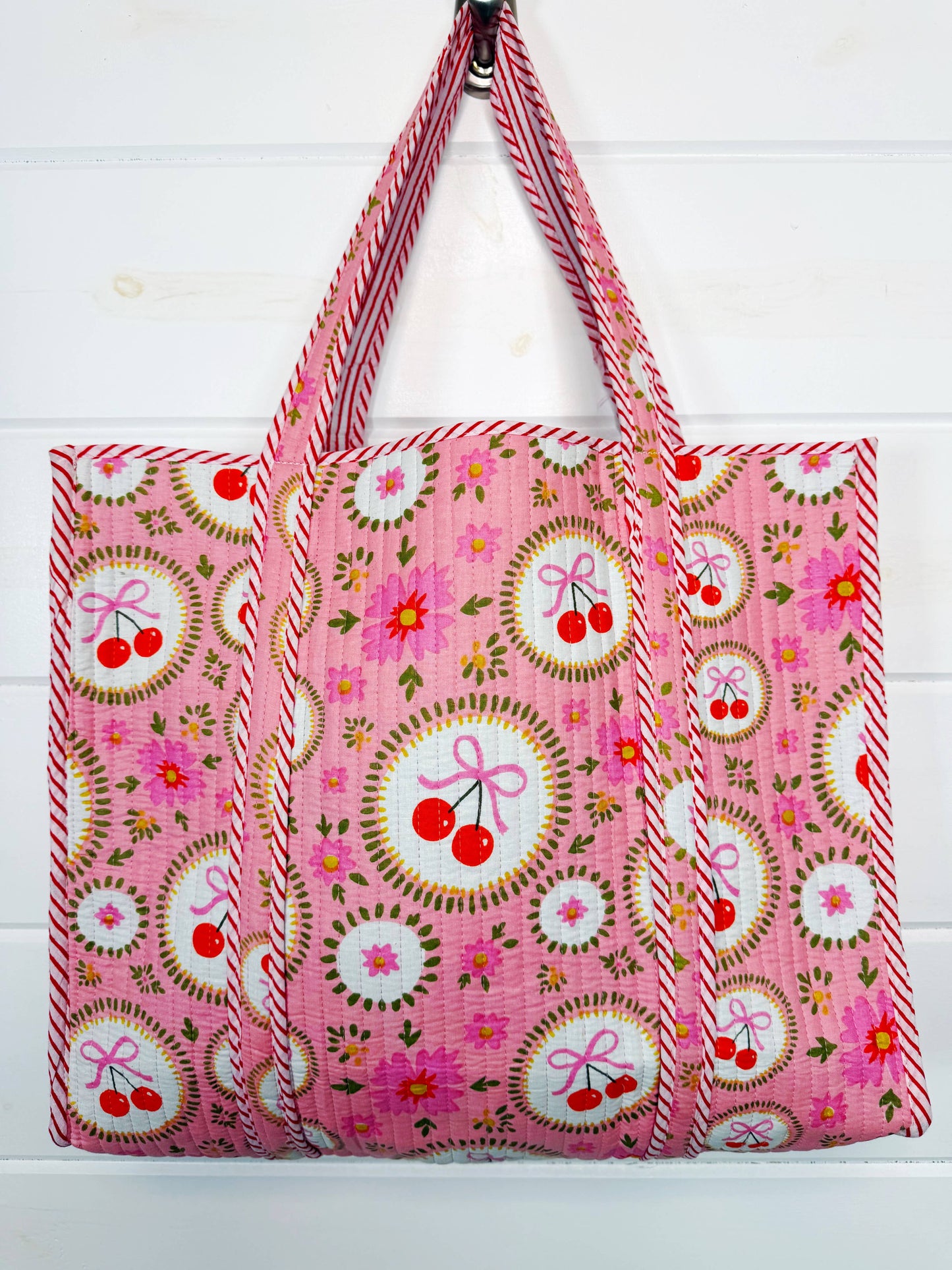 Large Tote Bag  Pink Cherries & Bows