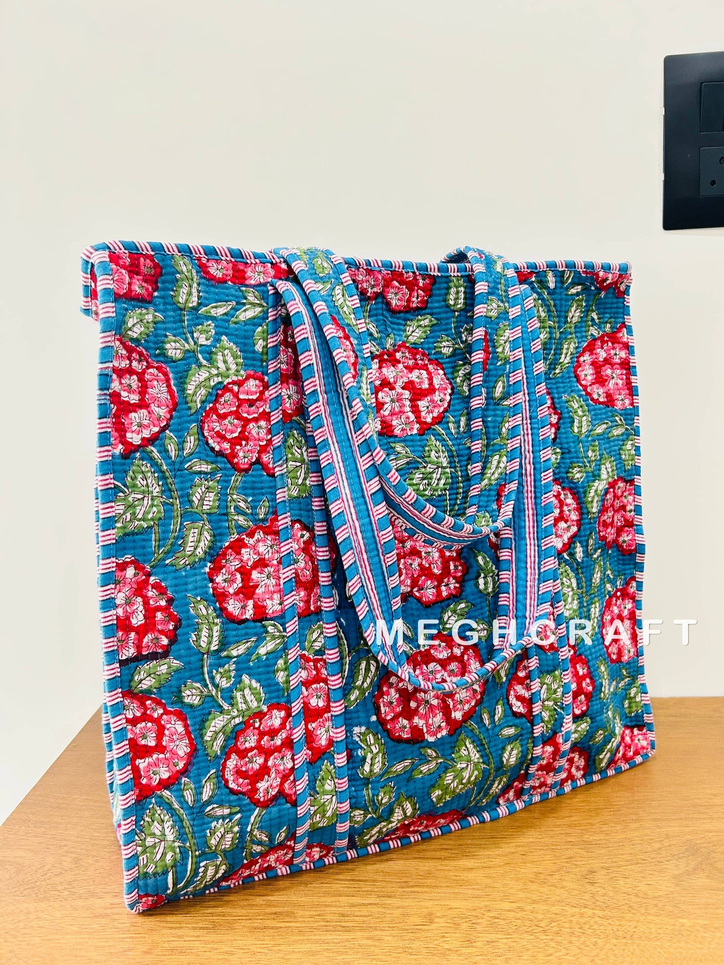 Cotton Quilted Tote Bag- Blue and Bright Pink