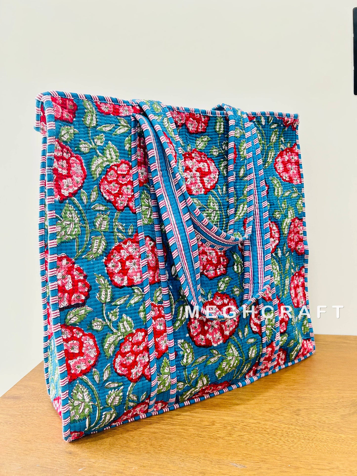 Cotton Quilted Tote Bag- Blue and Bright Pink