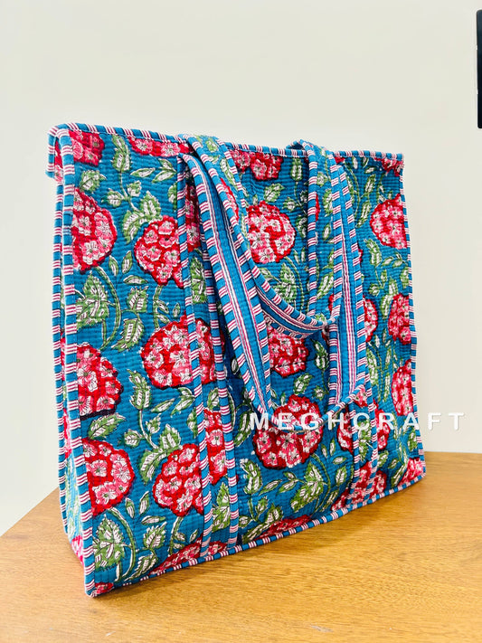 Cotton Quilted Tote Bag- Blue and Bright Pink
