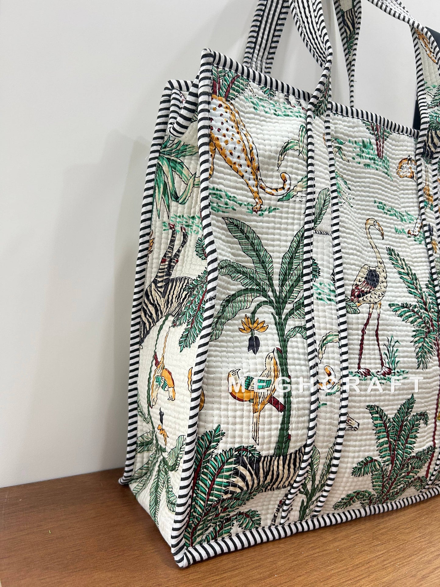 Cotton Quilted Tote Bag- White Animal