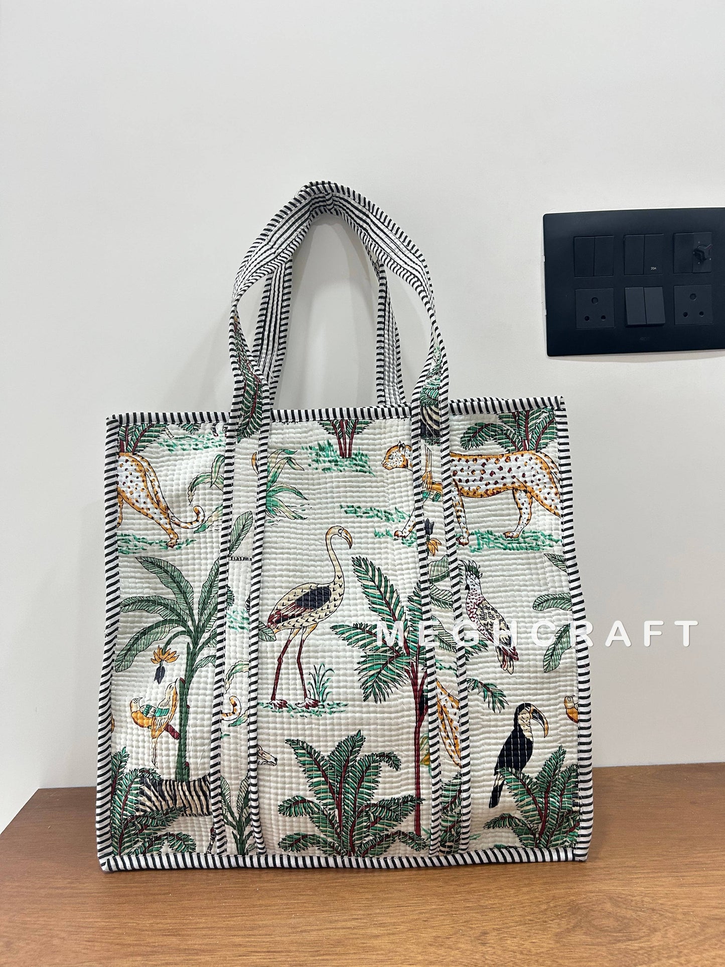 Cotton Quilted Tote Bag- White Animal
