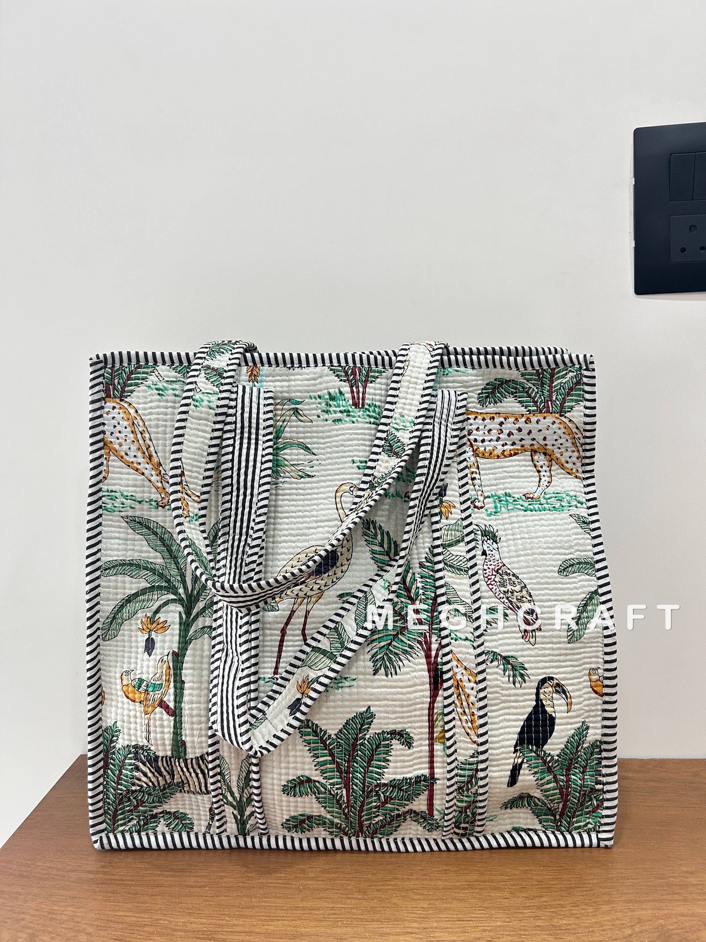 Cotton Quilted Tote Bag- White Animal