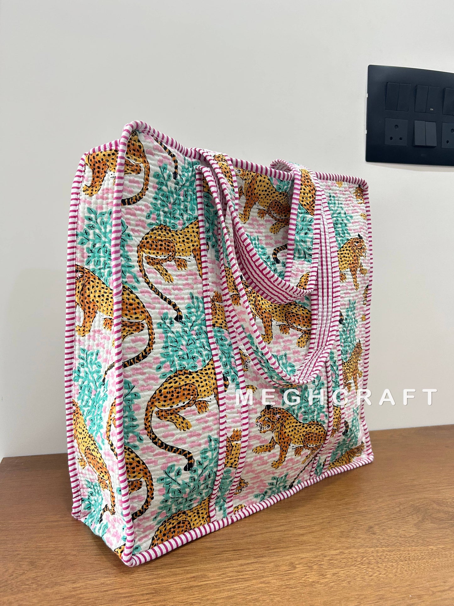Cotton Quilted Tote Bag- Pink Animal