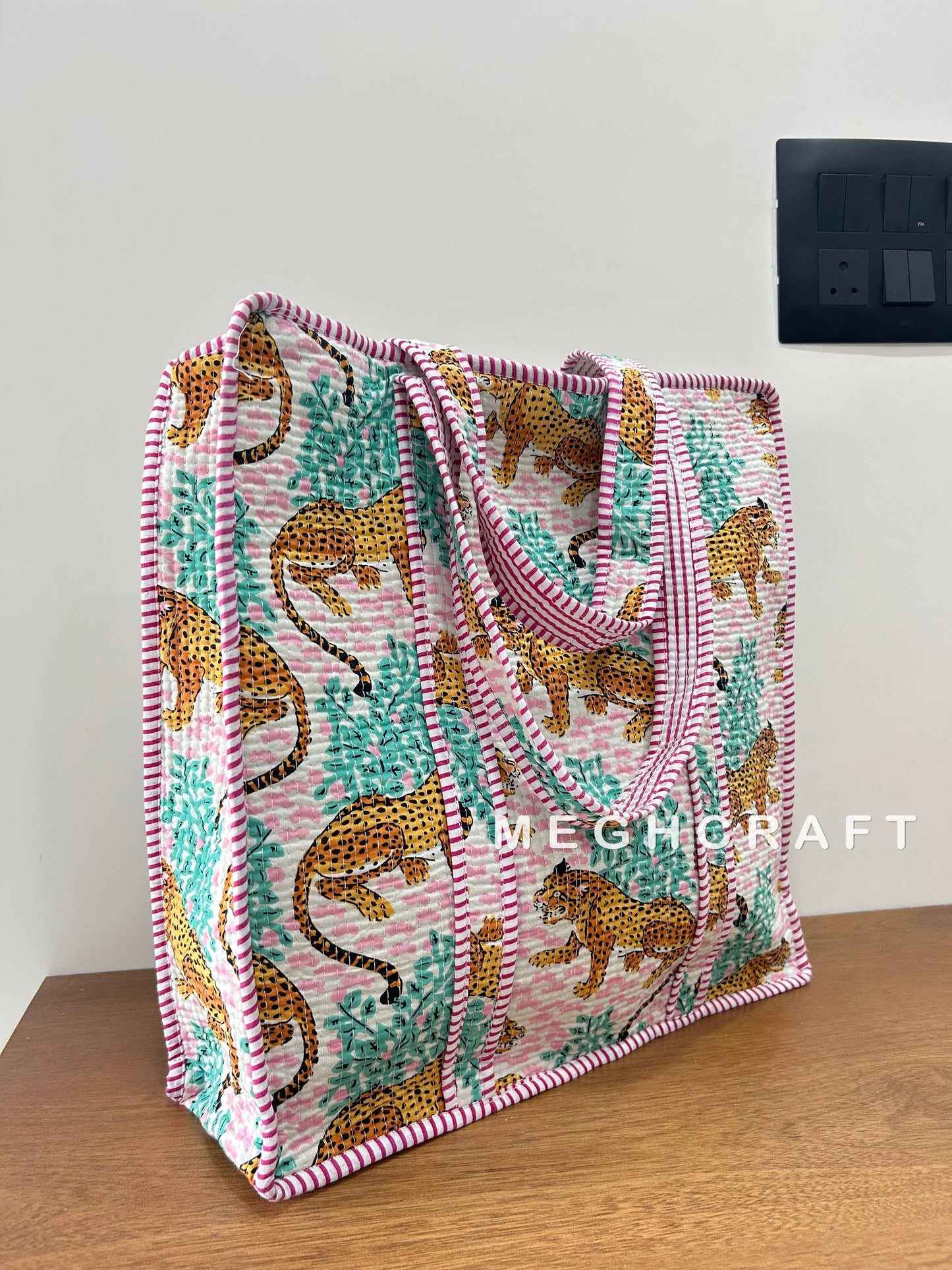 Cotton Quilted Tote Bag- Pink Animal